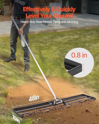 VEVOR Lawn Leveling Rake, Lawn Leveler with 83.9 in Handle, 48x10 in Ground Plate, Rust-Resistant Carbon Steel Soil Leveler, 2 Heights Adjustable, Effort Saving Lawn Leveling Tool for Yard Golf Court - size: 48x10 in, style: Classic: Carbon Steel