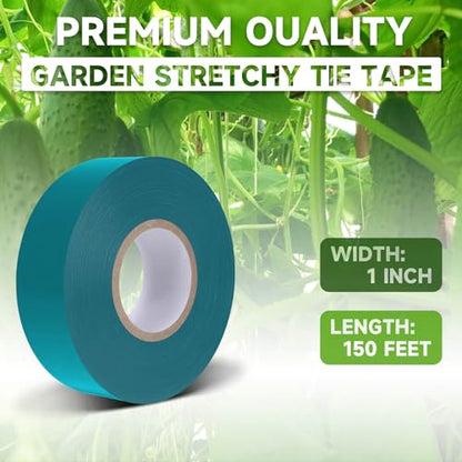 Easytle Stretch Tie Tape Roll, 1" 150ft Garden Tie Tape Reusable Garden Plant Ties Thick Sturdy Plant Ribbon Garden Green Vinyl Stake Gardening Tools for Indoor Outdoor Patio Plant Use