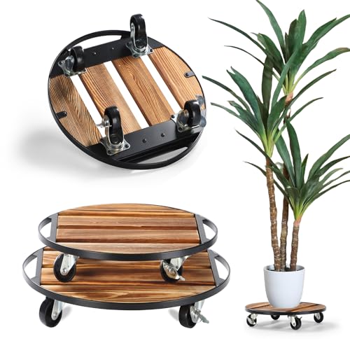 2 Pack Plant Caddy with Wheels,14" + 12" Rolling Plant Stand 264 LB Heavy Duty, Iron and Wood Round Plant Dolly with Metal 360° Lockable Wheels for Outdoor Indoor Large Plant Pots, Patio, Flower Pot - size: 14"&12"