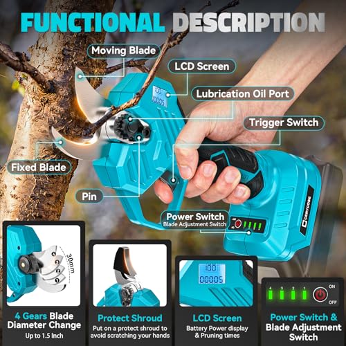 Cerycose Electric Pruning Shears Compatible with Makita 18v Battery, 0.8-2 Inch Max Cutting Diameter Electric Pruner with LCD Display & Imported SK7 Steel Blades for Gardening Tree Pruning(No Battery) - color: Blue