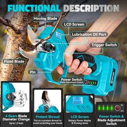 Cerycose Electric Pruning Shears Compatible with Makita 18v Battery, 0.8-2 Inch Max Cutting Diameter Electric Pruner with LCD Display & Imported SK7 Steel Blades for Gardening Tree Pruning(No Battery) - color: Blue