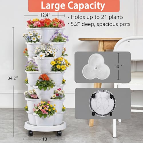 VECELO 7 Tier Vertical Garden Planter, Self Watering Stackable Planters with Wheels for Strawberries, Herbs, Flowers, Vegetables, White - color: White, size: 7 Tier