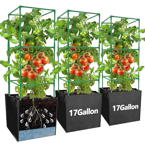 3 Packs 47 x 16 x 16 Inch Garden Tomato Cages with 17 Gallon Grow Bags- Square Plant Support Trellis Assembled with Planter Bags- Garden Cucumber Vegetables Frames for Vertical Climbing Plants - style: Square-3 Set