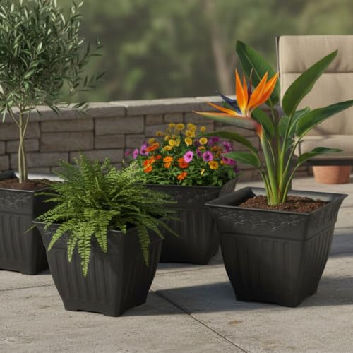 4-Pack 18 Inch Large Outdoor Planters, Embossed Leaf Pattern, Black - color: Black, size: 4P-18 INCH