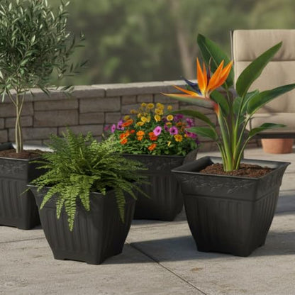 4-Pack 18 Inch Large Outdoor Planters, Embossed Leaf Pattern, Black - color: Black, size: 4P-18 INCH