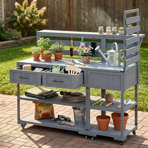 Roomfitters Garden Potting Bench with Wheels, Extra Wide Outdoor Potting Table and BBQ Prep Station, Storage Shelves, Gray - color: Gray