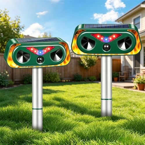 2 Pcs Sonic Fortress Pro Deer Repellent Devices,Solar Ultrasonic Animal Repeller Outdoor with Flashing Light for Cats Squirrels Raccoons Rabbits Foxs Skunks,Motion Sensor Animal Deterrent for Garden