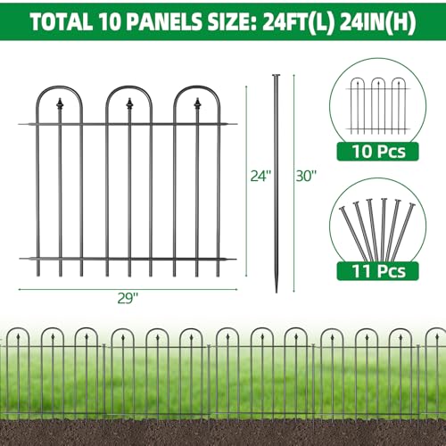 Garden Fence Animal Barrier - 10 Panels, 24 in(H) x 24 ft(L) No Dig Garden Fence, Arched Decorative Garden Fence Border with Ground Stakes, Rustproof Metal Fencing for Yard Patio Dog Rabbit - size: 10 Panels-24 ft(L) X 24 in(H)