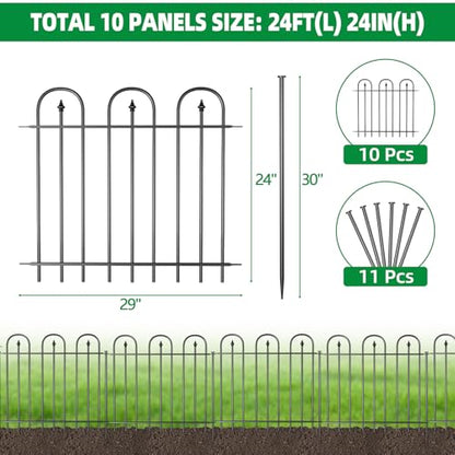 Garden Fence Animal Barrier - 10 Panels, 24 in(H) x 24 ft(L) No Dig Garden Fence, Arched Decorative Garden Fence Border with Ground Stakes, Rustproof Metal Fencing for Yard Patio Dog Rabbit - size: 10 Panels-24 ft(L) X 24 in(H)