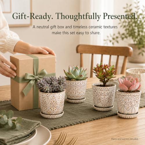 Gepege Ceramic Succulent Pots, 4 Inch Small Plant Pots with Drainage - color: Cream White, size: 4 Inch - Set of 4