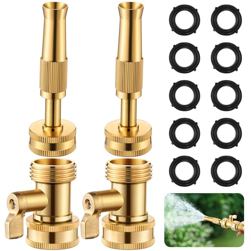 Heavy Duty Brass Hose Nozzle Kit with Shut Off Valve, 4" Adjustable Twist Garden Hose Nozzle, High Pressure Jet Sprayer, 3/4" GHT Connector, Includes 10 Rubber Washers(Adjustable,4 in)