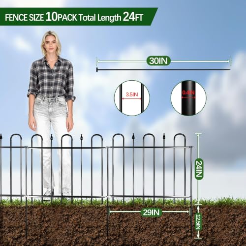 24.3ft(L) x 24in(H) 10 Panels Metal Decorative Garden Fence - size: 10 Panels-24.3ft(L) x 24in(H)