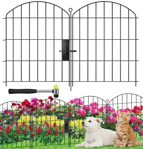 Decorative Garden Fence 24in (H) x16ft (L),Arched Metal No Dig - size: 10 Panels-24in(H) x 16ft(L) with Gate