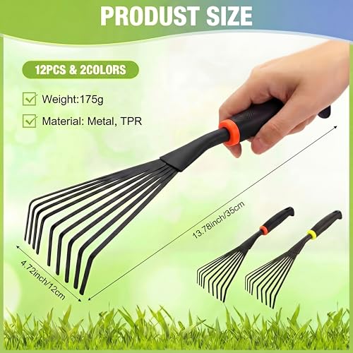 Yaocom 12 Pcs Hand Rakes Garden Tool Mini Heavy Duty Garden Cultivator 11 Inch Small Rake Gardening Hand Tiller with Handle for Digging Weeding Loose Soil(9-Tine Rake,Yellow, Orange) - color: Yellow, Orange, style: 9-tine Rake