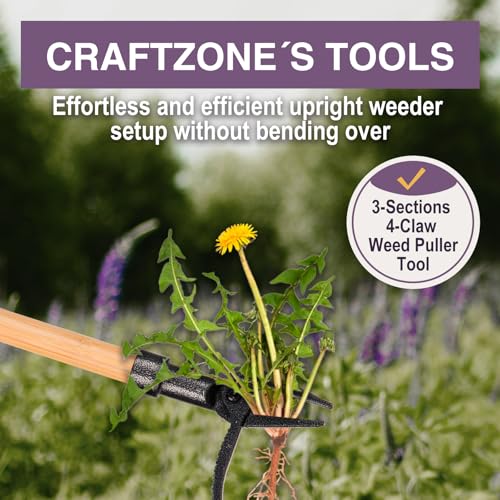 Weed Puller Stand Up Weed Puller Tool with Wooden Long Handle Foot Platform Design 4-Claw Steel Head & Removable 3-Section Pole Garden Tools-Easily Remove Weeds Without Bending or Kneeling