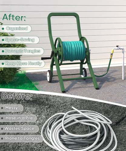 Artigarden Garden Hose Reel Cart with Wheels Outdoor Water Hose Reels Green