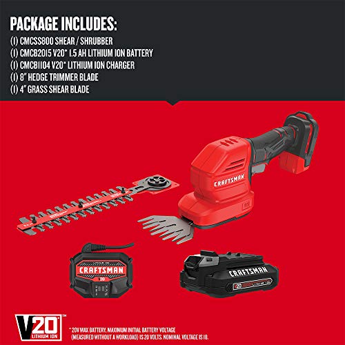 CRAFTSMAN V20 4 In. Cordless Handheld Grass Trimmer and 8 In. Mini Hedge Trimmer, Battery and Charger Included, Rechargeable 2 in 1 Grass Shear and Bush Trimmer (CMCSS800C1) - style: 20V Mini Trimmer Kit