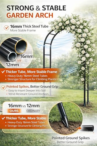 Thickened Tube Garden Arch,7.3ft Heavy-Duty Metal with 16mm Steel Tubes & 0.5mm Thickened Wall, Durable Outdoor Trellis for Climbing Plants,Roses,Garden Party,Ceremony & Decorations (Black)