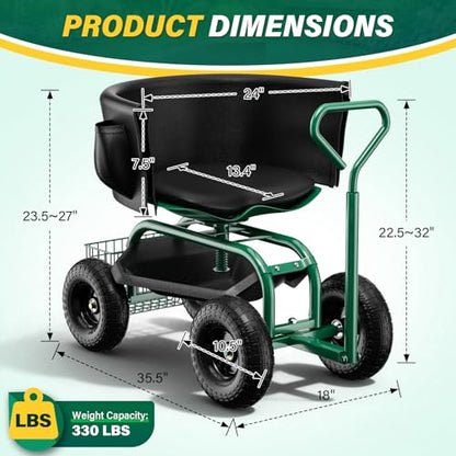 Garden Seat with Wheels, Rolling Garden Stool with Adjustable 360°Swivel Seat - color: Green
