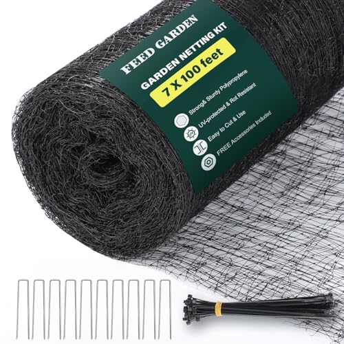 FEED GARDEN Deer Fence Netting Garden Netting Bird Netting - 7x100ft UV-Protected Garden Fence for Plant with 3/4" Fine Mesh - Includes 10 Stakes & 50 Zip Ties for Easy Installation - color: Black, size: 7 x 100 Feet