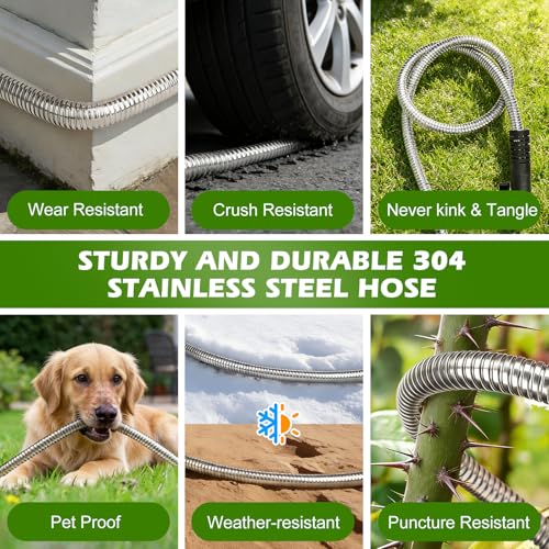 Metal Garden Hose 75 ft Stainless Steel Heavy Duty Water Hose with 10 Function Nozzles Flexible Lightweight Kink-Free Leakproof Sturdy Hoses Pipe 3/4" Brass Fitting for Outdoor Yard Lawn RV - size: 75FT