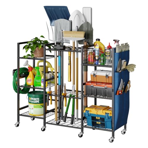 keomaisyto 3-Sided Garden Tool Organizer with Wheels, Garage Storage Rack