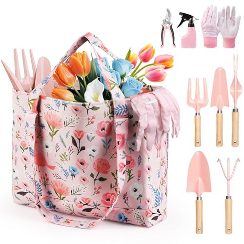 Grenebo Gardening Tools 10-Piece Garden Tool Set with Floral Bag, Pink Red - color: Pink Red