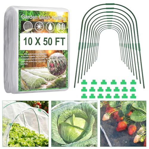 Garden Netting Kit, 10 X 50FT Garden Netting Pest Barrier with 10 Sets Garden Hoops and 20pcs Clips, Insect Netting Row Cover for Raised Beds Vegetable Fruits Flowers Protection