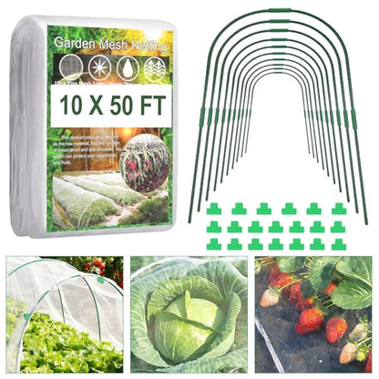 Garden Netting Kit, 10 X 50FT Garden Netting Pest Barrier with 10 Sets Garden Hoops and 20pcs Clips, Insect Netting Row Cover for Raised Beds Vegetable Fruits Flowers Protection