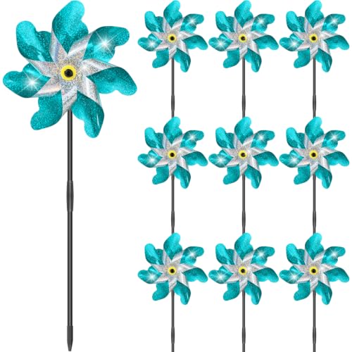 10 Pack Pre-Assembled Reflective Rainbow Pinwheels(Blue) - color: Silver-blue