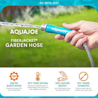 Aqua Joe Xtreme FiberJacket Garden Hose, Lightweight and Kink-Resistant, Durable Fabric Hose with Metal Fittings, 600 PSI Max, 50' x 1/2" Diameter - style: 50-foot