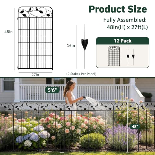 Decorative Garden Fence, 48in H x 27ft L Metal Animal Barrier Fence, Rustproof Dog Fence Outdoor, 12 Panels Sturdy No Dig Garden Border Fence for Flower Beds, Landscaping and Yard - size: 12 Panels-48in(H)x27ft(L)-Flat