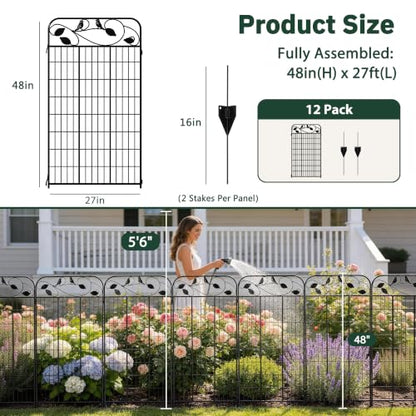 Decorative Garden Fence, 48in H x 27ft L Metal Animal Barrier Fence, Rustproof Dog Fence Outdoor, 12 Panels Sturdy No Dig Garden Border Fence for Flower Beds, Landscaping and Yard - size: 12 Panels-48in(H)x27ft(L)-Flat