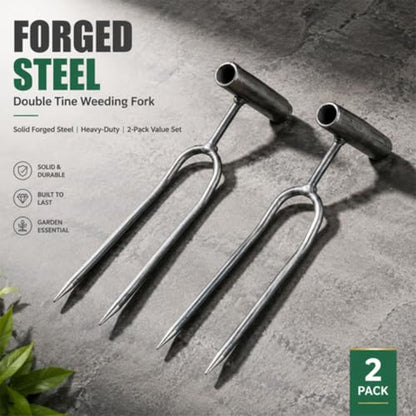 CEEHHXI，2-Pack 2-Prong Hand Cultivator Fork ，Small Garden Fork 2 Prong Garden Fork Steel Garden Hand Rake for Loosening Soil, Weeding, Tilling & Aerating
