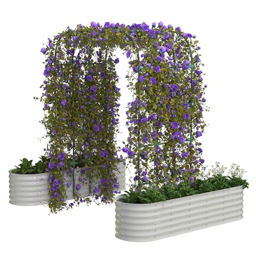 GarveeLife Galvanized Raised Garden Bed with 96 in Tall Vertical Arch Trellis – Expandable Rust-Resistant Planter Box for Outdoor Plants, Flowers, Vines – Includes Plant Clips, Drainage Netting, Beige