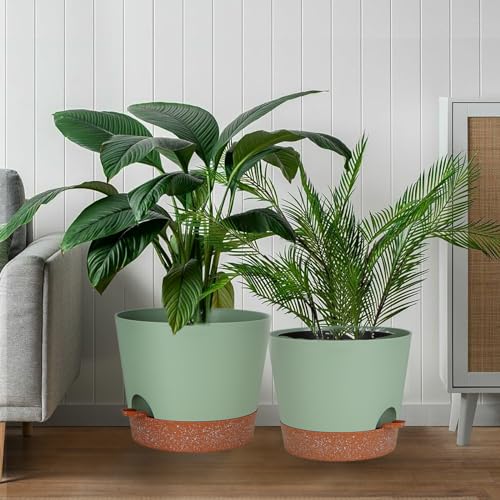 SwinDuck 12inch Large Self Watering Plant Pot, Plastic Cylinder Planter with 60Oz Deep Reservoir and Saucer for Indoor Outdoor Plants Flowers Houseplants, Green with Brown - color: Green With Brown