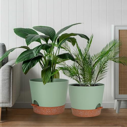 SwinDuck 12inch Large Self Watering Plant Pot, Plastic Cylinder Planter with 60Oz Deep Reservoir and Saucer for Indoor Outdoor Plants Flowers Houseplants, Green with Brown - color: Green With Brown