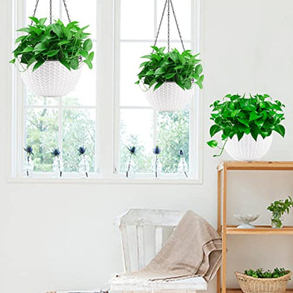 Foraineam 10.2 Inch Dual-pots Design Hanging Basket Planters Self-Watering Indoor Outdoor Hanging Flower Plant Pot with Drainer and Chain (White) - size: 10.2”