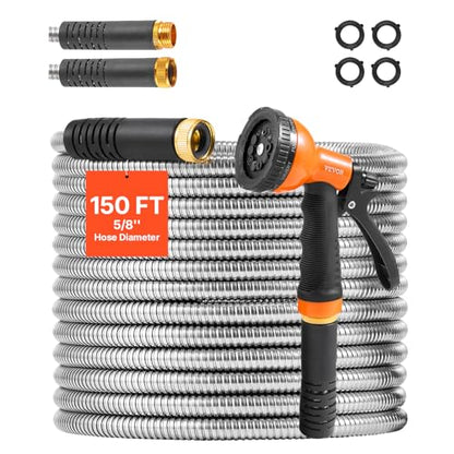 VEVOR Garden Hose Metal 150 ft, Rust Proof Stainless Steel Water Hose, Heavy Duty Backyard Hose with 10 Function Nozzle, No-Kink & Flexible Water Pipe, Lightweight Metal Hose for Yard, Outdoor - size: 150 ft with 10 Function Spray Nozzle