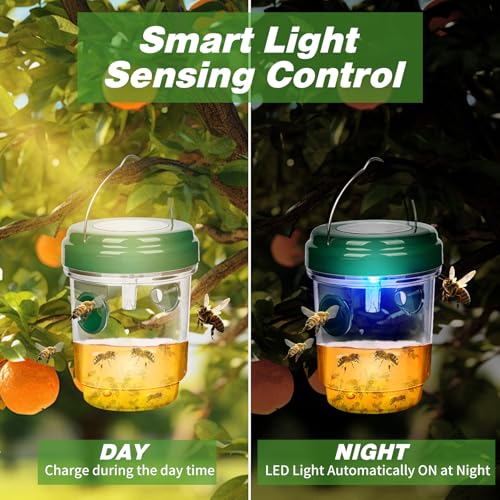 Wasp Traps Outdoor Hanging, Solar Bee Trap 4 Packs, 2026 Upgrade Wasp Deterrent Killer, Carpenter bee Catcher for Outside, Flying Insect Traps Reusable Yellow Jacket Hornet Catchers with LED Light