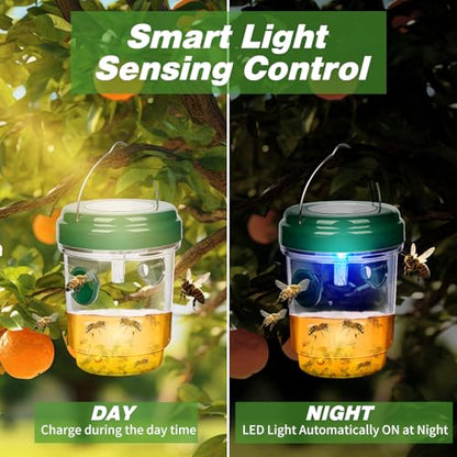 Wasp Traps Outdoor Hanging, Solar Bee Trap 4 Packs, 2026 Upgrade Wasp Deterrent Killer, Carpenter bee Catcher for Outside, Flying Insect Traps Reusable Yellow Jacket Hornet Catchers with LED Light
