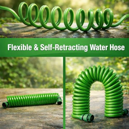 Coil Garden Hose 8 ft, Curly Water Hose with Plastic Connectors, Recoil Garden Water Hose, Retractable, Corrosion Resistant Garden Coil Hose.