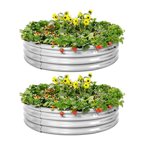 Land Guard Galvanized Raised Garden Bed 2Pcs, Planter Raised Garden Beds Outdoor, Round Clearance Raised Garden Beds for Gardening Vegetables 4x4x1ft…… - color: 1-silver, size: 4×4×1ft（2-Pack）