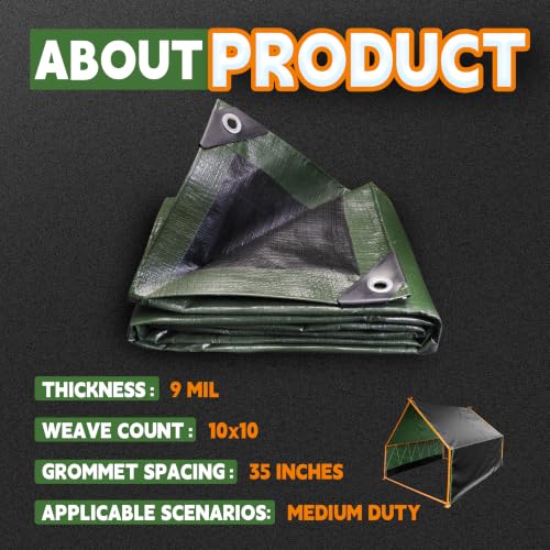 RAINDEWAY 5x16 Feet Tarp Waterproof,9Mil Green/Black Poly Tarps Cover - color: Green/Black, size: 5x16 Feet-Finished size
