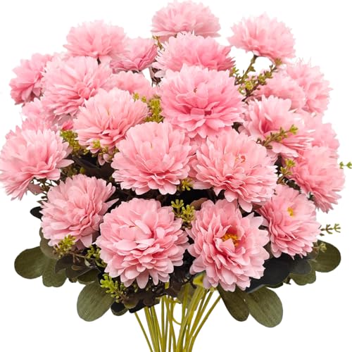 Fall Flowers Artificial Mums 2 Pcs 18 Heads Silk Chrysanthemums Fake Mums Faux Floral Bouquet Arrangements for Home Decor Indoor Outdoors Planter Pots Porch Wedding Autumn Decoration (Pink) - color: Pink