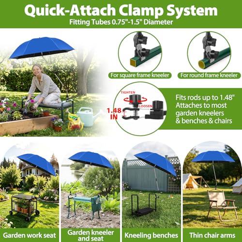 Garden Kneeler Umbrella, 42” Large Clip on Umbrella with Metal Clamp,UPF50+ Sun Protection,360°Swivel,Folding Garden Umbrellas for Garden Bench Kneeler Seat,Outdoor Gardening Shade - color: Blue