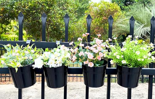 4 Pack Hanging Metal Railing Planters 6" with Detachable Hooks, Black - color: Black, size: 5.9"- 4 Pack