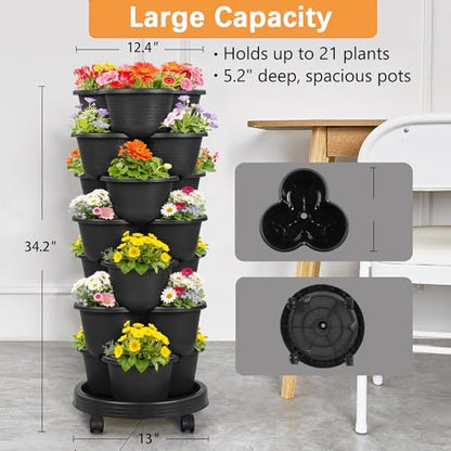 VECELO 7 Tier Vertical Garden Planter, Self Watering Stackable Planters with Wheels for Strawberries, Herbs, Flowers, Vegetables, Black - color: Black, size: 7 Tier