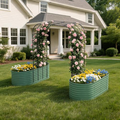Metal Raised Garden Bed with Trellis for Climbing Plants Outdoor - color: Green