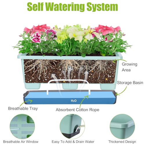 Oliz Window Box Planter 8 Pcs, 17 Inches Rectangle Flower Pots with Drainage Holes & Trays, Vegetable Planters for Windowsill Patio Garden Balcony Home Indoor Outdoor (Green, 16 * 7 * 6 inch) - color: Green